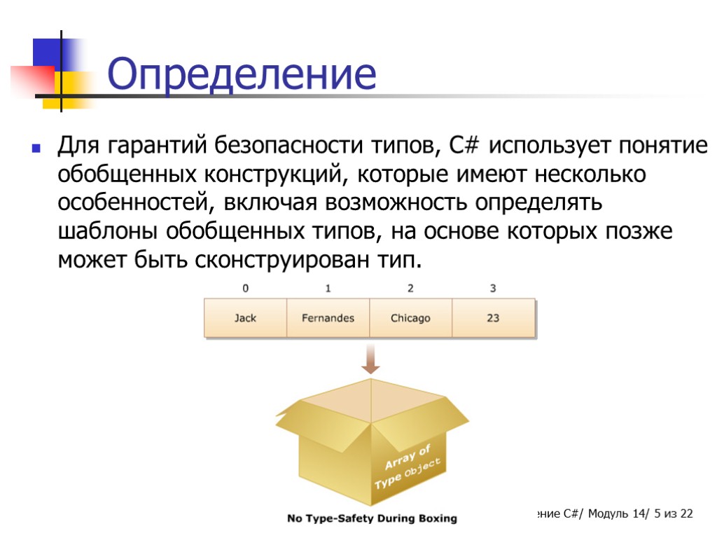 Определение Для гарантий безопасности типов, C# использует понятие обобщенных конструкций, которые имеют несколько особенностей,